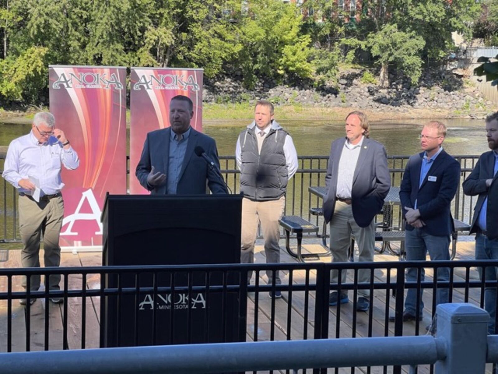 Champlin Mayor Ryan Sabas, President of the North Metro Mayors, advocating for a new lock and dam at Anoka's Rum River waterfall