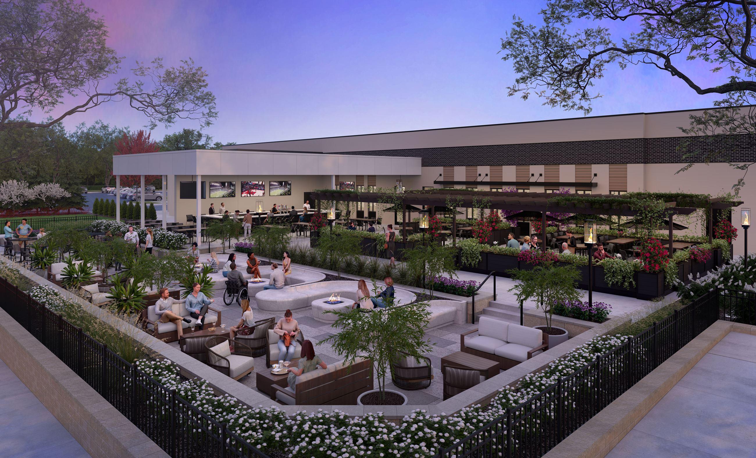 Rendering of the CharBlu outdoor patio and community gathering space in Champlin