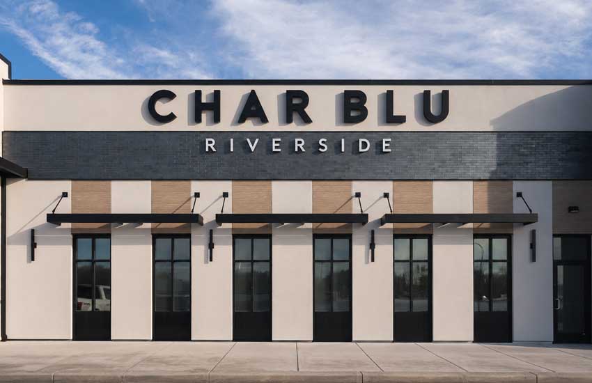 Exterior of Char Blu Riverside restaurant in Champlin, Minnesota