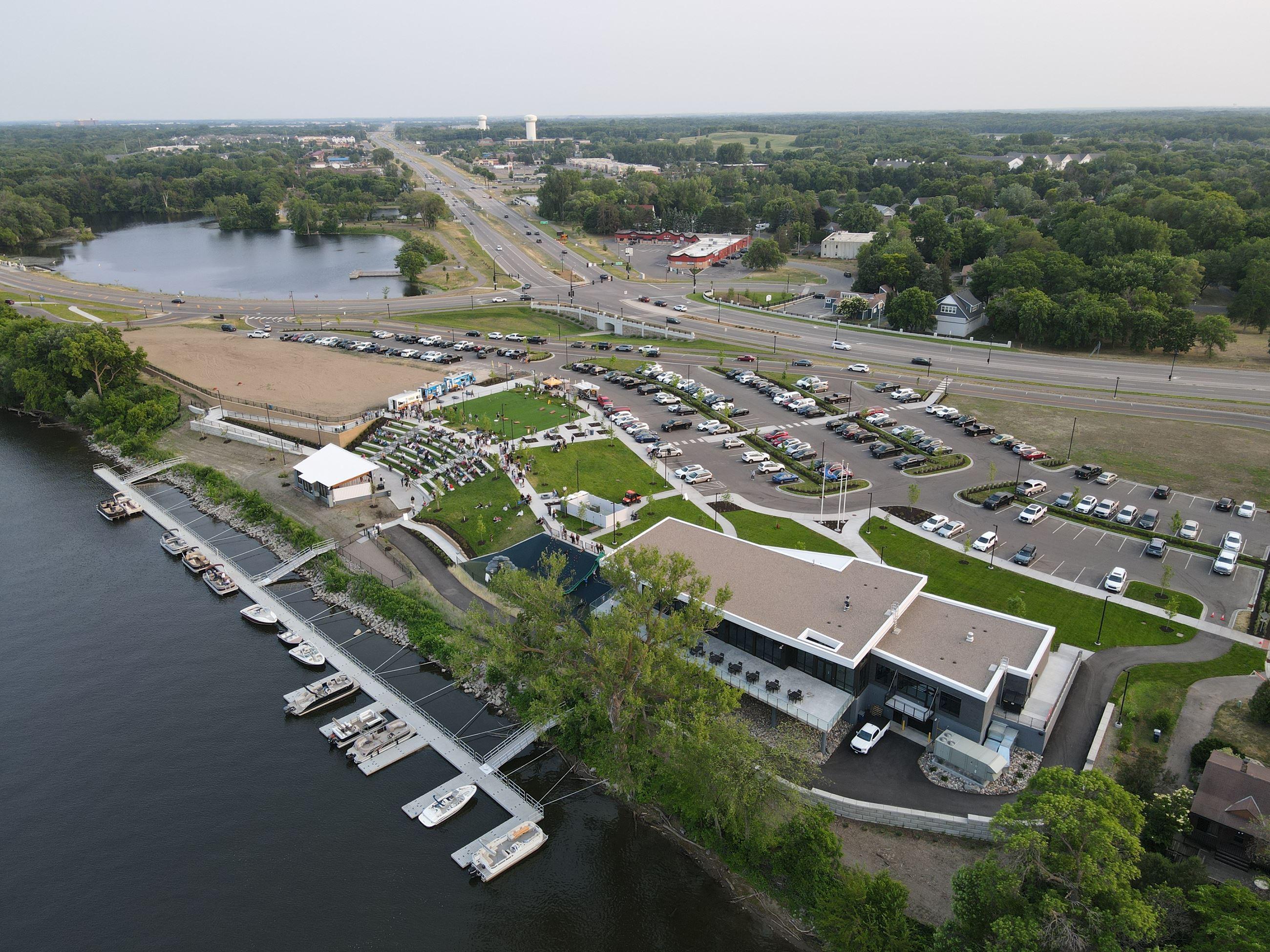 Aerial view of the Mississippi Crossings site and public docks along the Mississippi River in Champlin