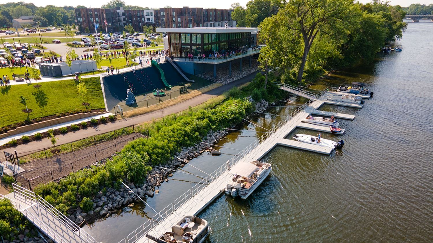 Aerial view of the public docks, playground, and event center at Mississippi Crossings on the Mississippi River