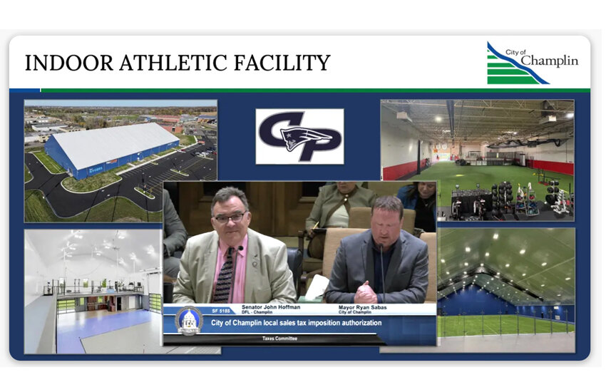Indoor Athletic Facility concept with renderings, Champlin Park logo, and Mayor Ryan Sabas testifying before the Minnesota Senate Taxes Committee