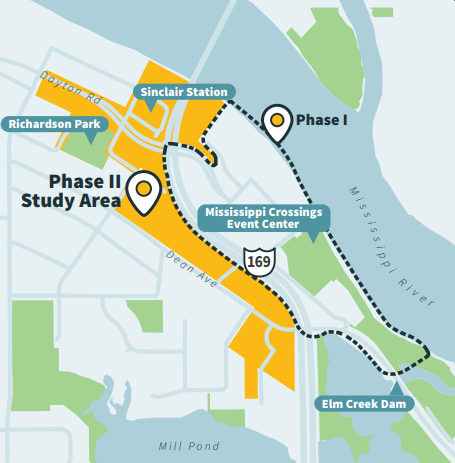 Map of the West Mississippi Crossings study area showing Phase I, Phase II study area, Mississippi Crossings Event Center, and the surrounding Champlin riverfront