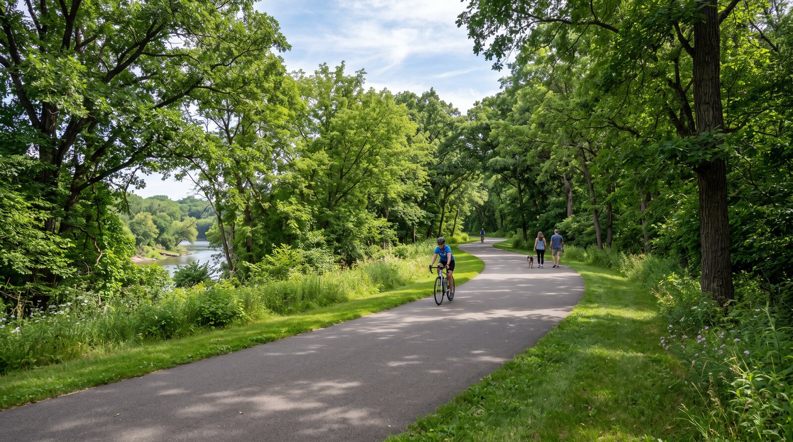 A wide paved multi-use recreational trail winding through a green river corridor — the vision for the completed West River Road Trail for biking, hiking, and running